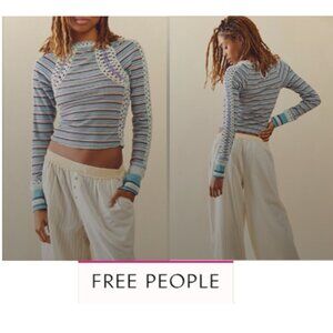 FREE PEOPLE STRIPED CROCHET LONG SLEEVE CROP SWEATER NWT